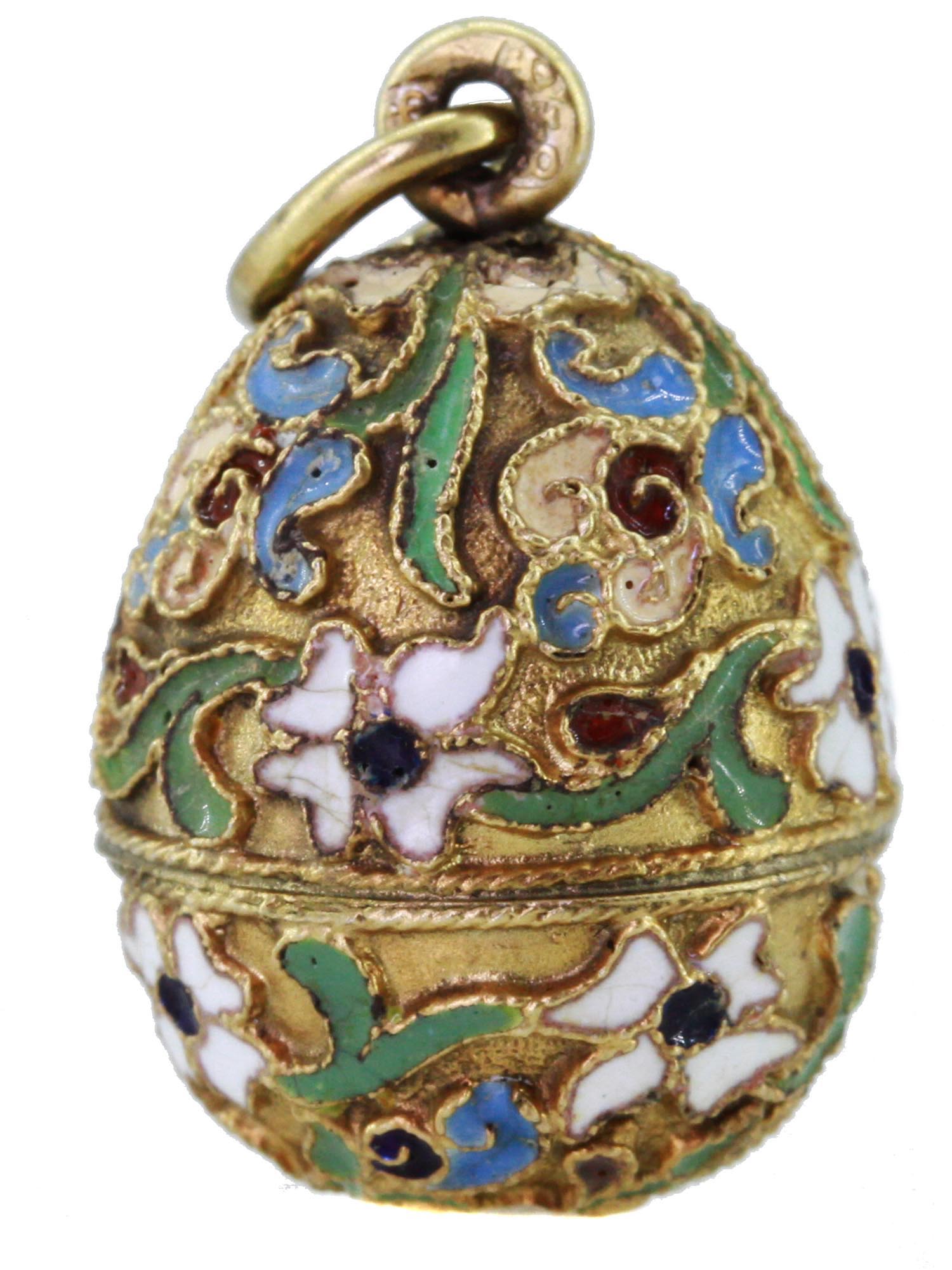 RUSSIAN SILVER GILT CLOISONNE ENAMEL EGG PENDANT PIC-1